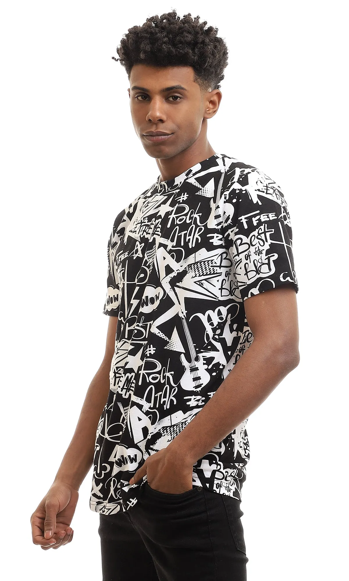 97169 Round Neck Half Sleeves Cotton T-Shirt - Black & White