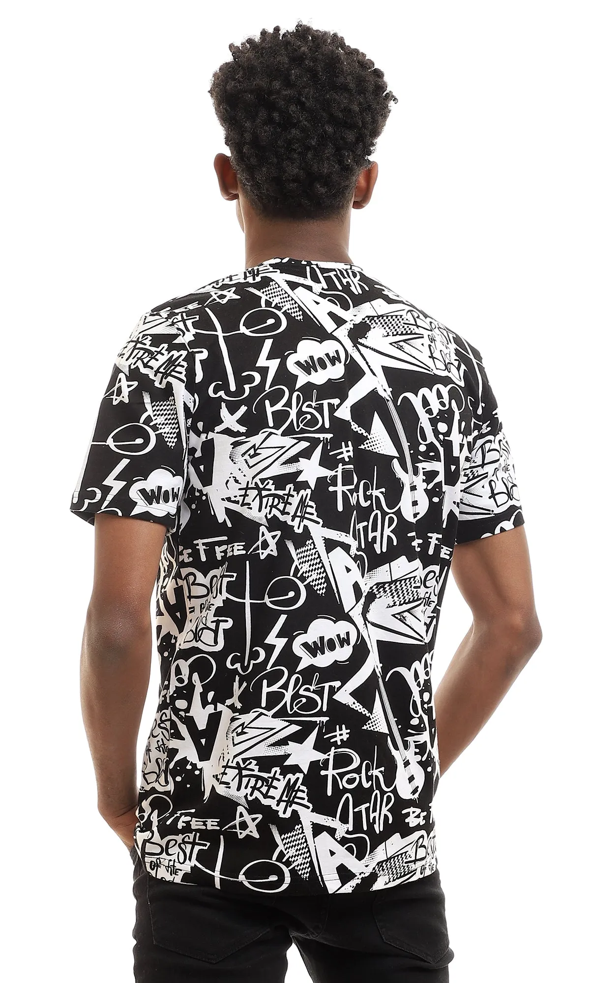 97169 Round Neck Half Sleeves Cotton T-Shirt - Black & White
