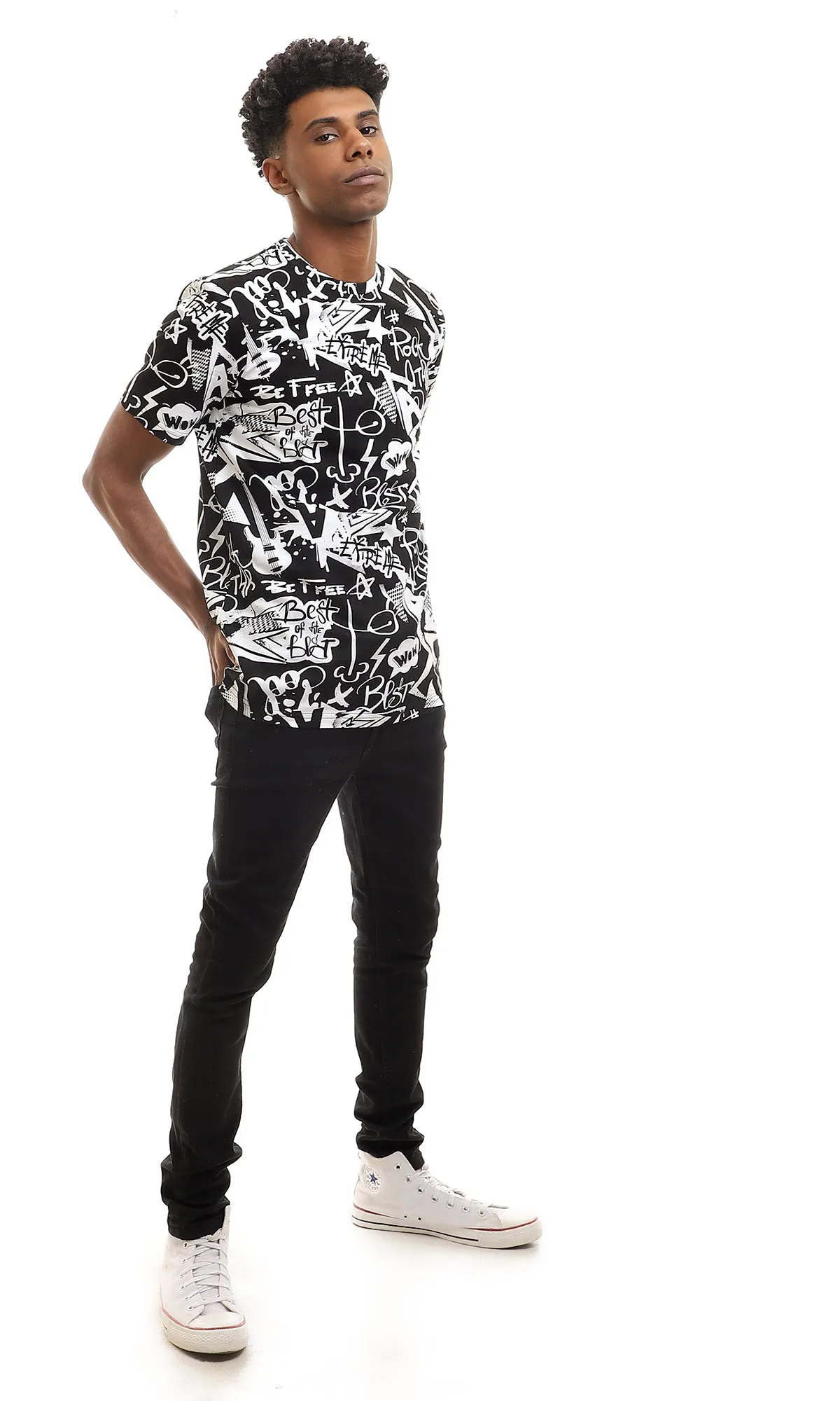 97169 Round Neck Half Sleeves Cotton T-Shirt - Black & White