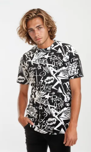 97169 Round Neck Half Sleeves Cotton T-Shirt - Black & White