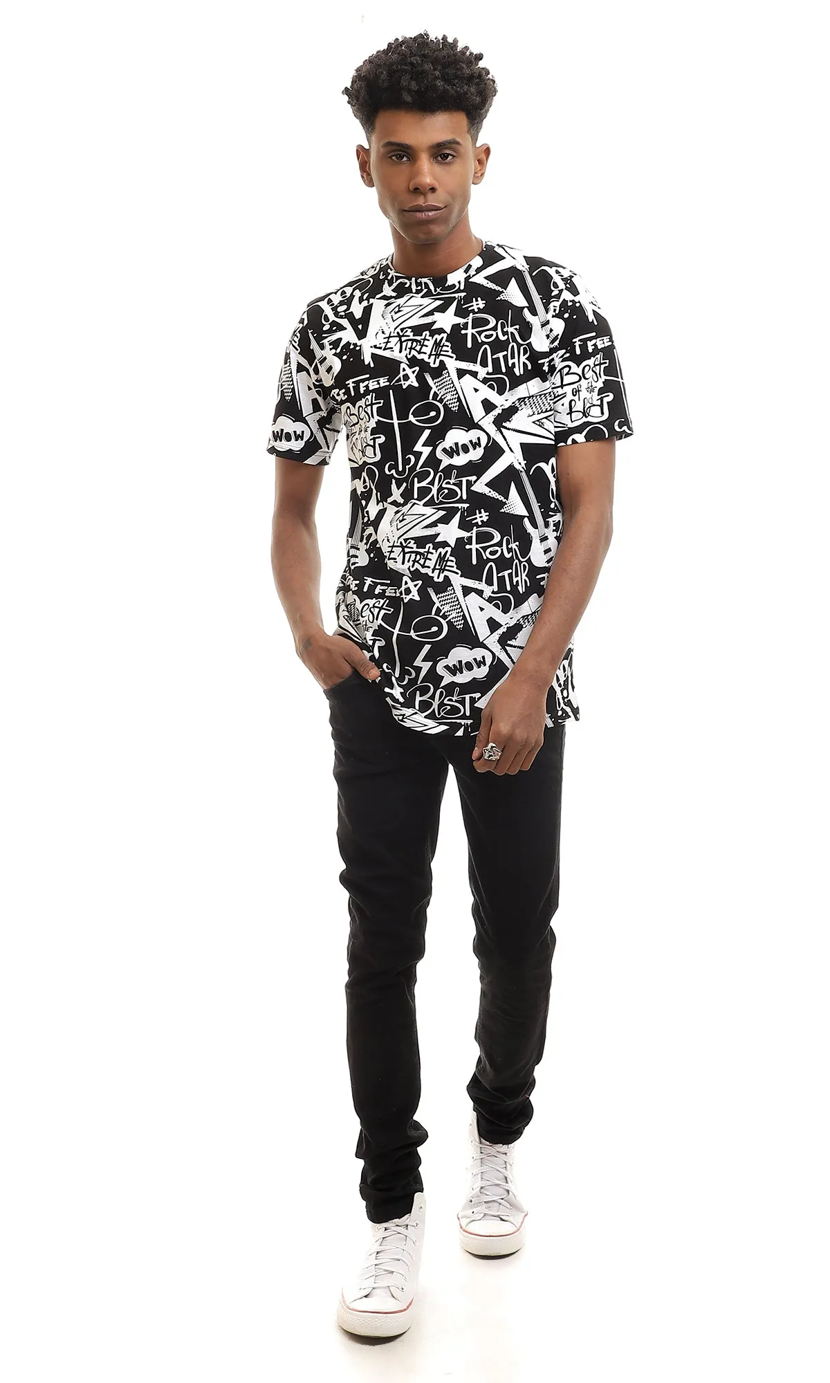97169 Round Neck Half Sleeves Cotton T-Shirt - Black & White