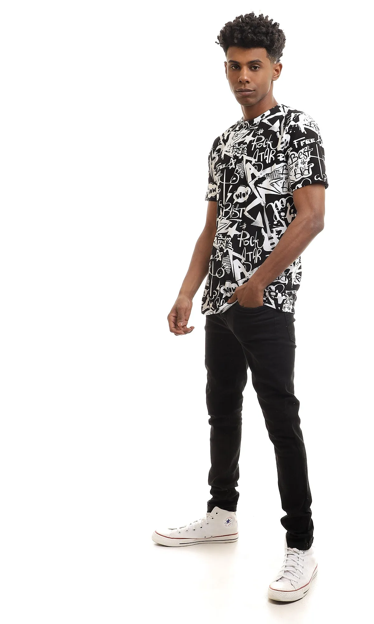 97169 Round Neck Half Sleeves Cotton T-Shirt - Black & White