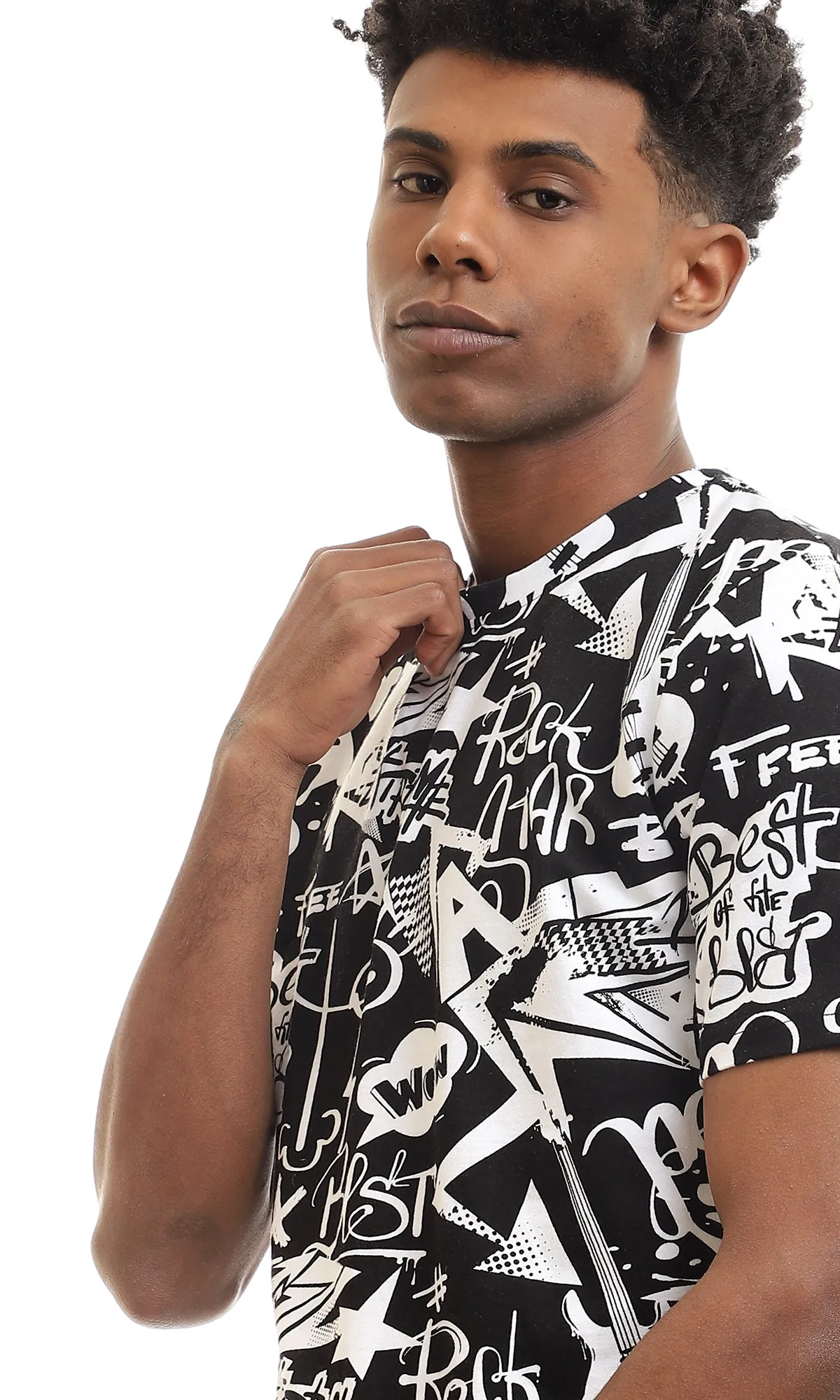 97169 Round Neck Half Sleeves Cotton T-Shirt - Black & White