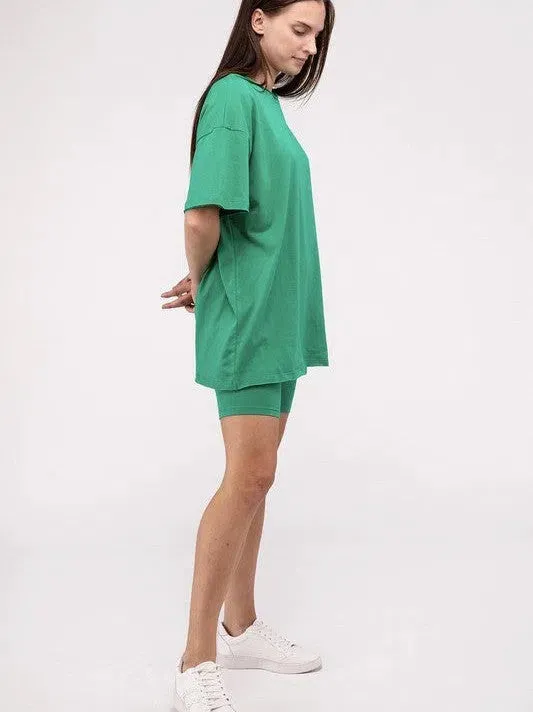 All Day Comfort Cotton Round Neck Top & Biker Shorts Set