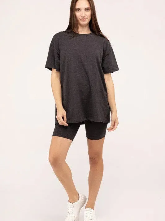 All Day Comfort Cotton Round Neck Top & Biker Shorts Set