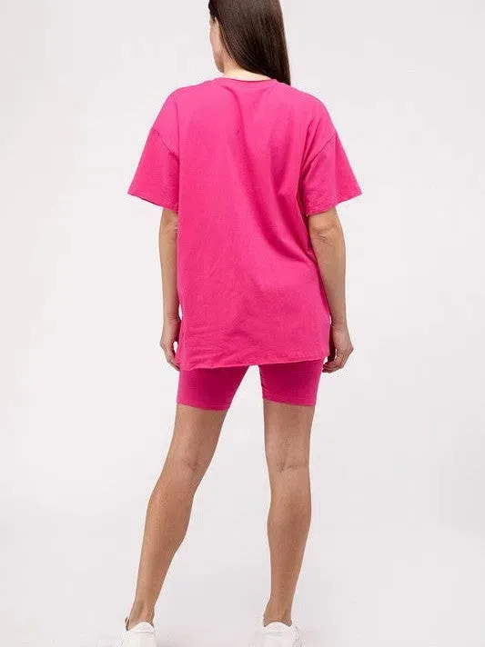 All Day Comfort Cotton Round Neck Top & Biker Shorts Set