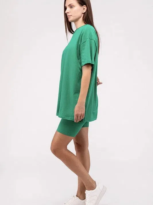 All Day Comfort Cotton Round Neck Top & Biker Shorts Set