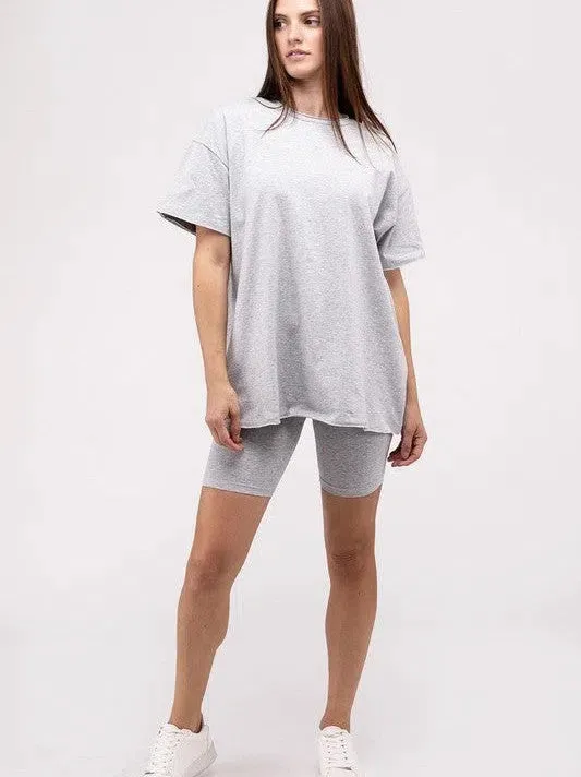 All Day Comfort Cotton Round Neck Top & Biker Shorts Set