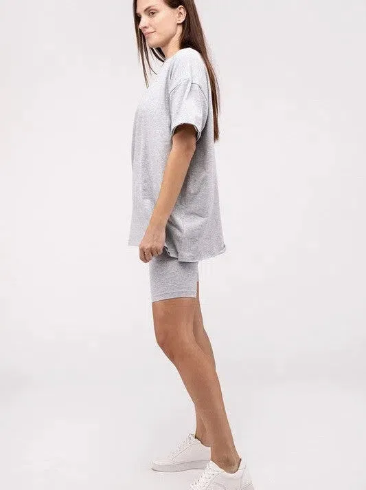 All Day Comfort Cotton Round Neck Top & Biker Shorts Set