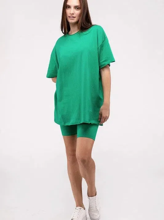All Day Comfort Cotton Round Neck Top & Biker Shorts Set