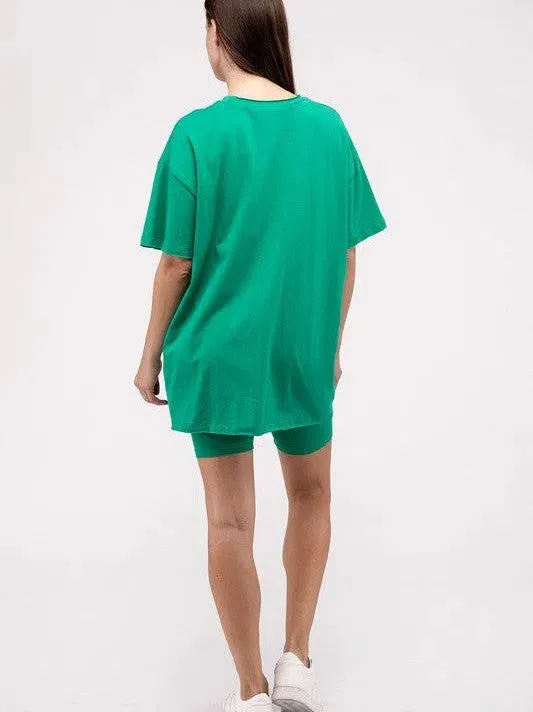 All Day Comfort Cotton Round Neck Top & Biker Shorts Set
