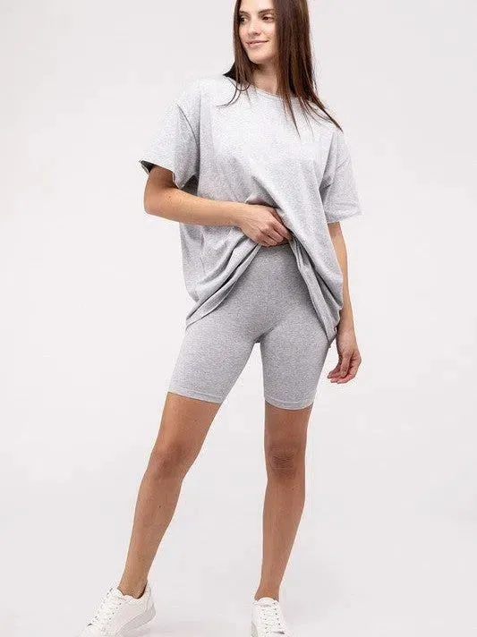 All Day Comfort Cotton Round Neck Top & Biker Shorts Set