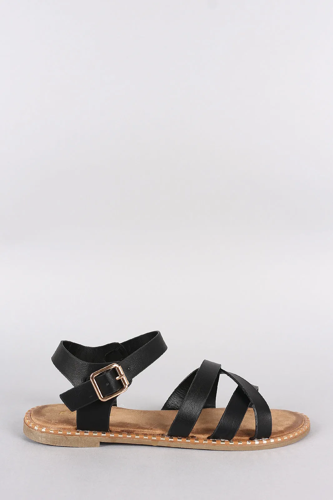 Bamboo Crisscross Open Toe Ankle Strap Flat Sandal