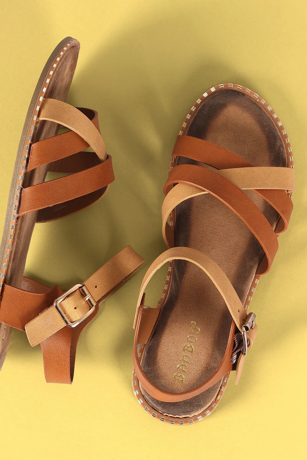 Bamboo Crisscross Open Toe Ankle Strap Flat Sandal