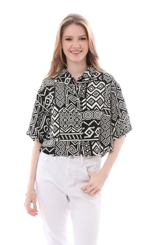 Black & Beige Geometric Classic Collar Short Sleeves Shirt