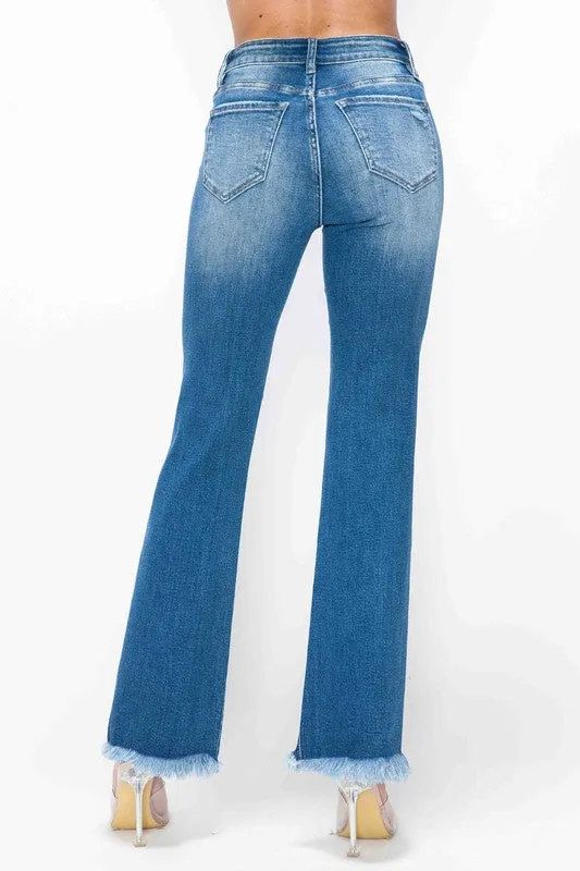 Blue Raw Hem Distressed High Rise Bootcut Jeans