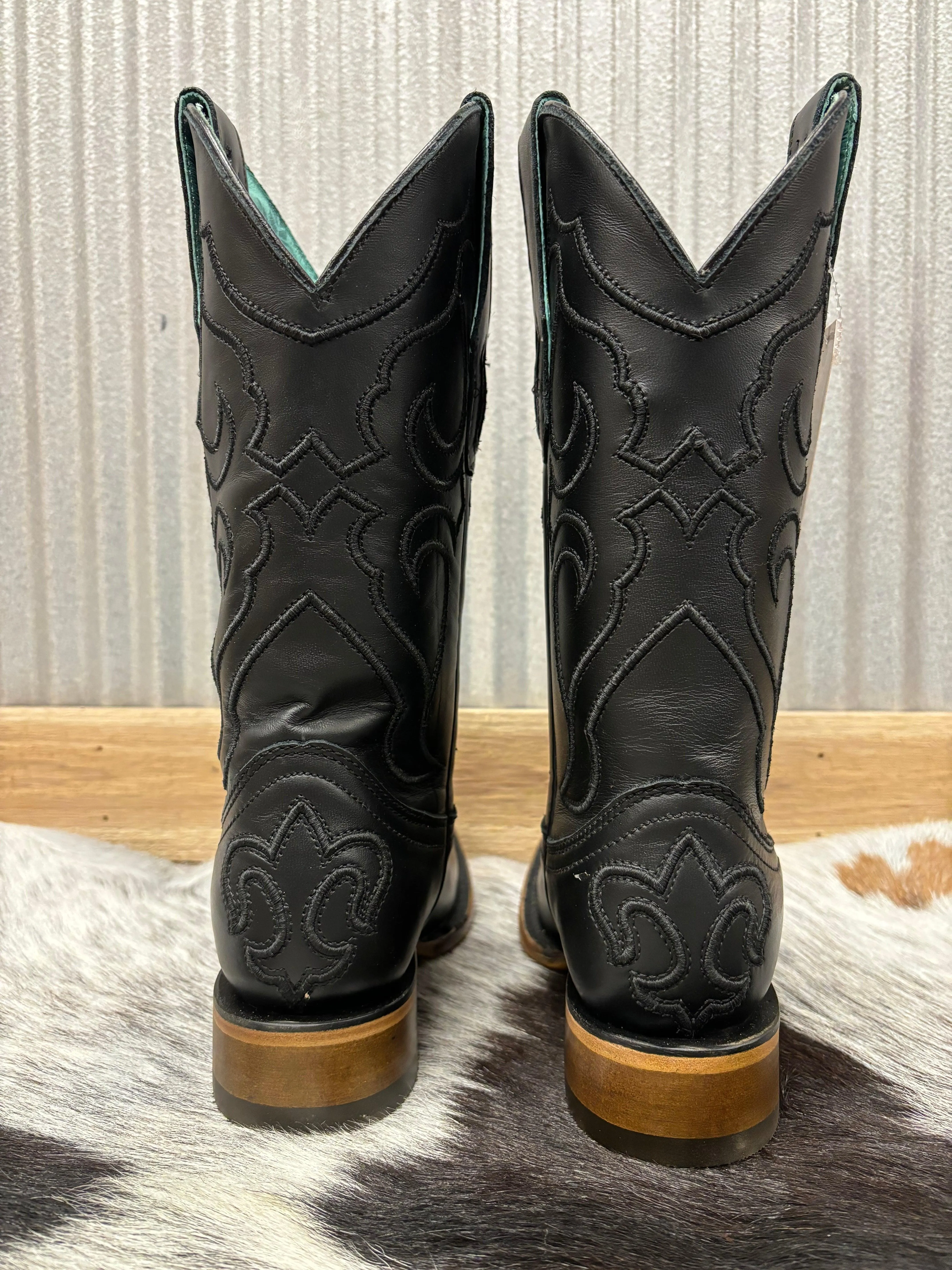 Corral Women's Black Leather Embroidered Square Toe Cowgirl Boots Z5167