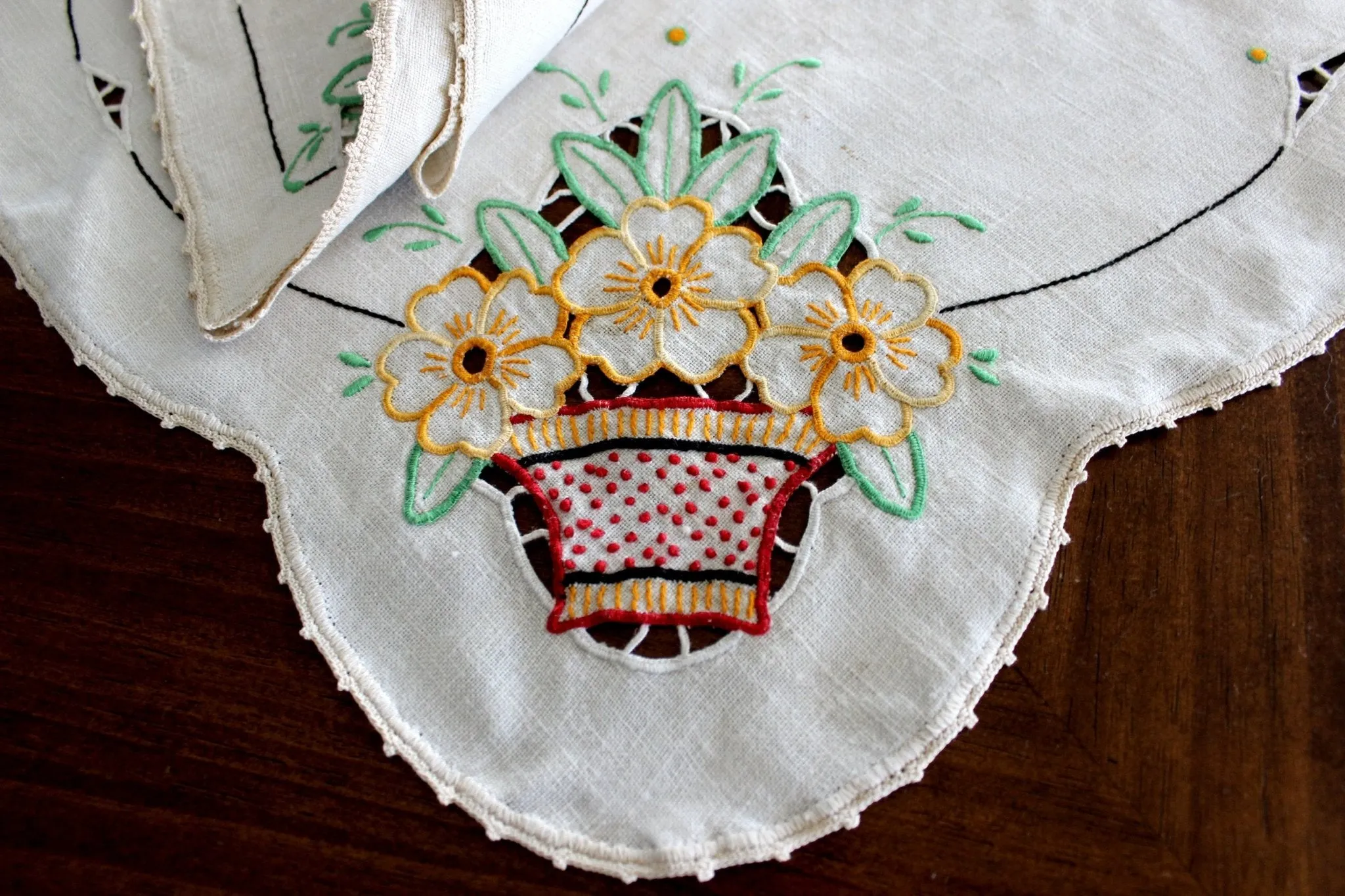 Embroidered Table Runners and Doilies, Light Ecru Linen Table Dresser Set 14598