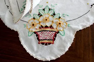 Embroidered Table Runners and Doilies, Light Ecru Linen Table Dresser Set 14598