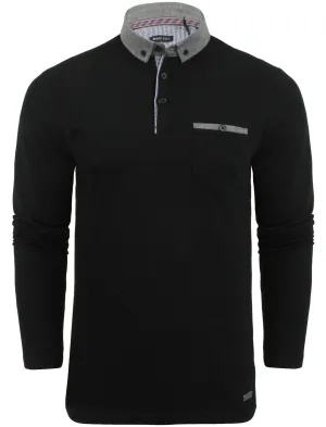 Herae Chambray Collar Long Sleeve Polo Shirt in Black
