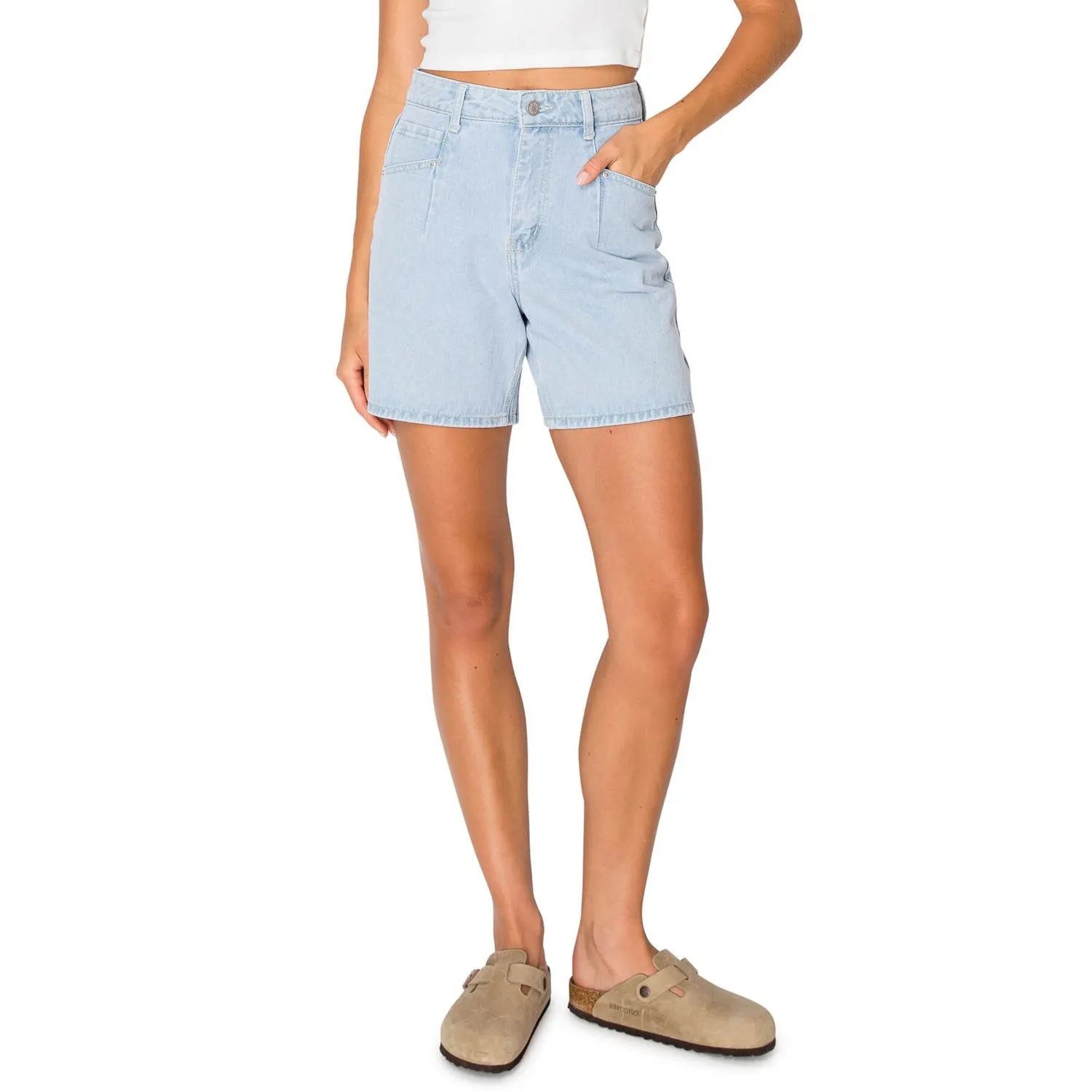 High Rise Pleats Denim Shorts - Light Wash