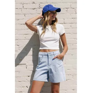 High Rise Pleats Denim Shorts - Light Wash