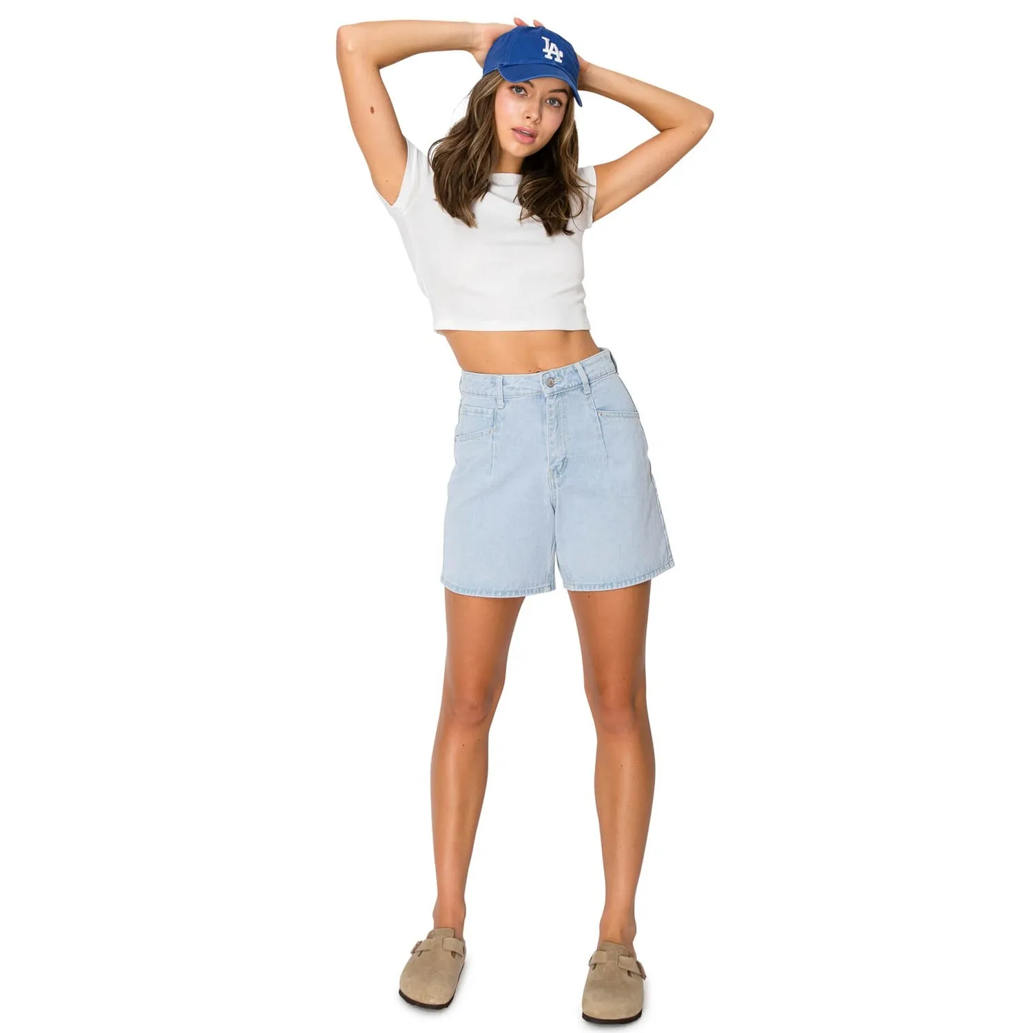 High Rise Pleats Denim Shorts - Light Wash