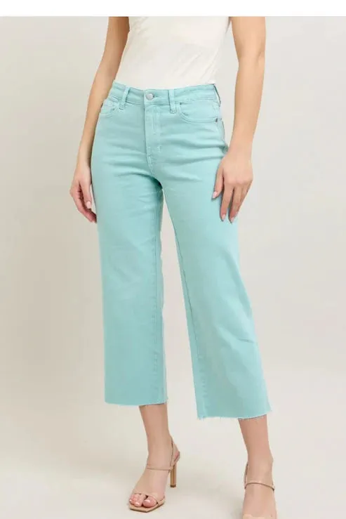 Judy Blue High Waist Garment Dyed Raw Hem Crop Wide Lt Blue Sky Jean 88984