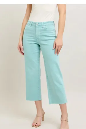 Judy Blue High Waist Garment Dyed Raw Hem Crop Wide Lt Blue Sky Jean 88984