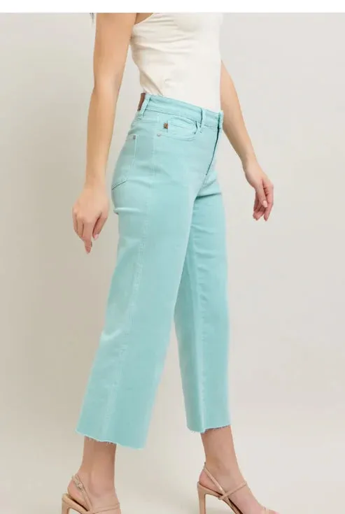 Judy Blue High Waist Garment Dyed Raw Hem Crop Wide Lt Blue Sky Jean 88984