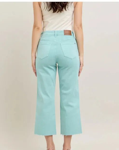 Judy Blue High Waist Garment Dyed Raw Hem Crop Wide Lt Blue Sky Jean 88984