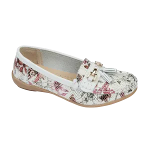 Ladies Leather Slip on White/Gold Multi Shoes Mandalay Flat Jo & Joe