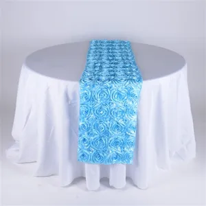 Light Blue - 14 x 108 Inch Rosette Satin Table Runners