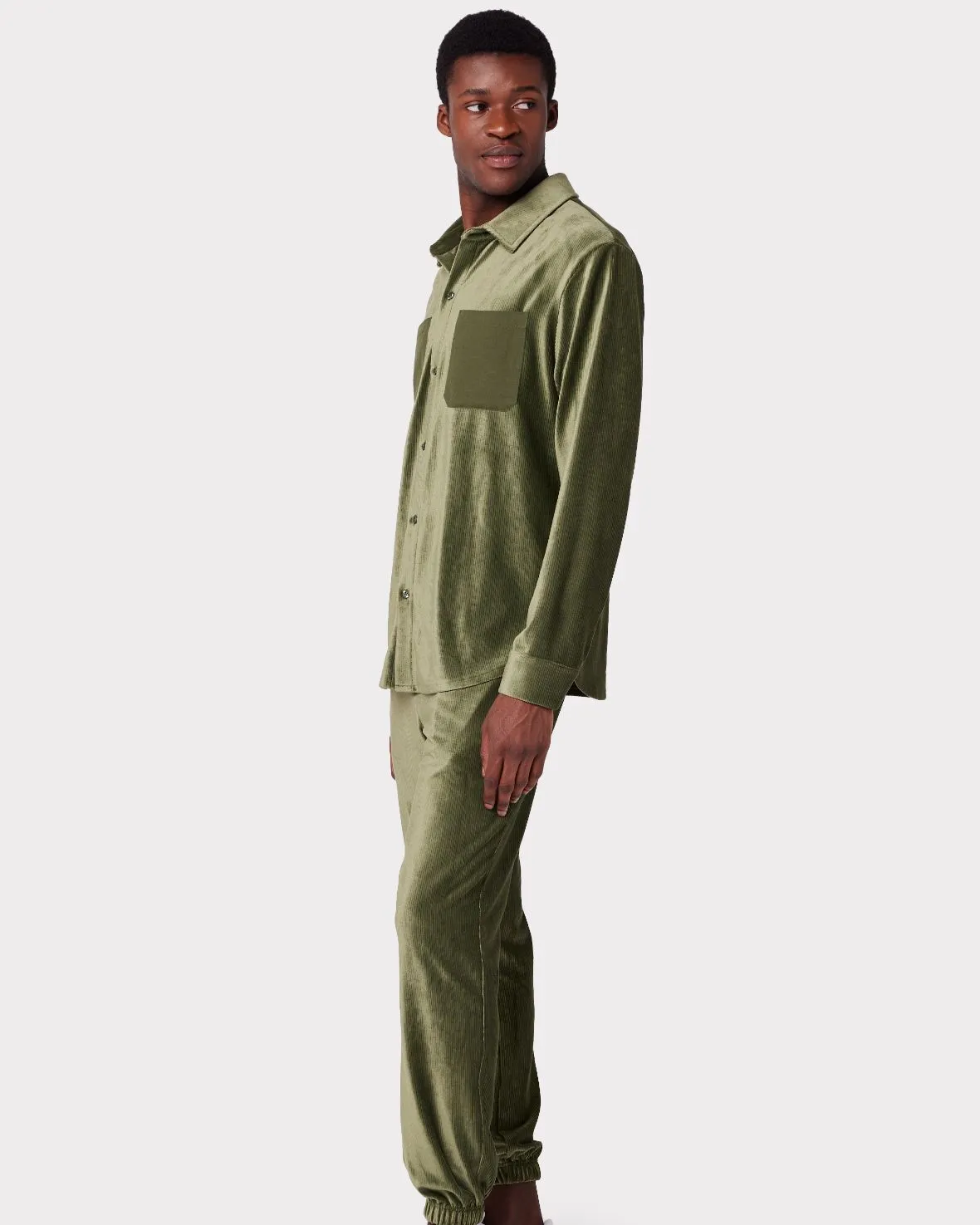 Men's Velour Corduroy Green Button-Up Co-ord Set