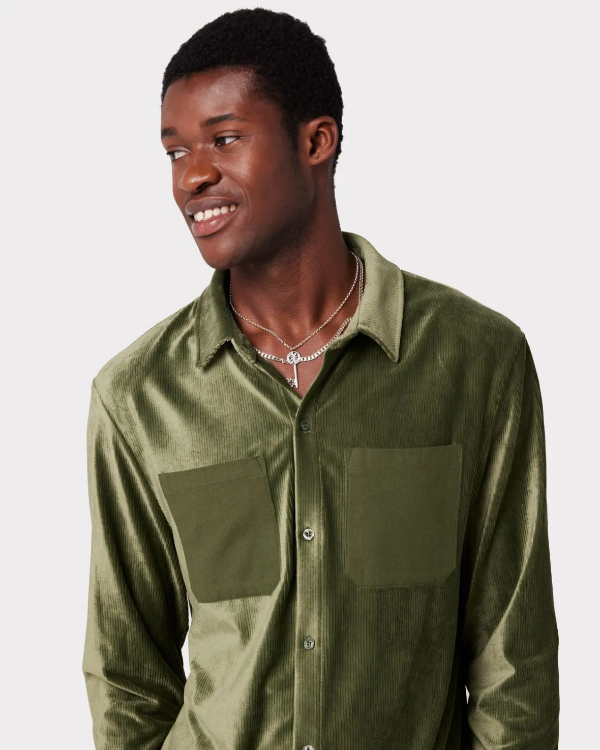 Men's Velour Corduroy Green Button-Up Co-ord Set