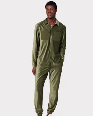 Men's Velour Corduroy Green Button-Up Co-ord Set