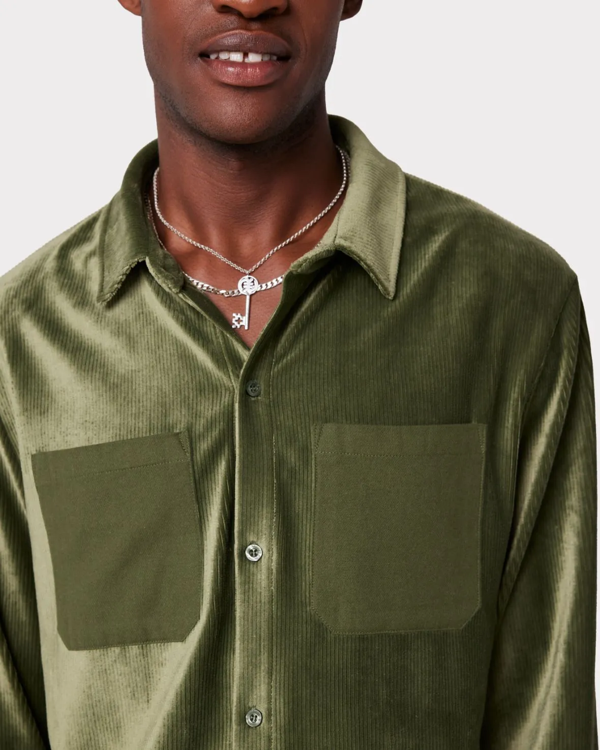 Men's Velour Corduroy Green Button-Up Co-ord Set