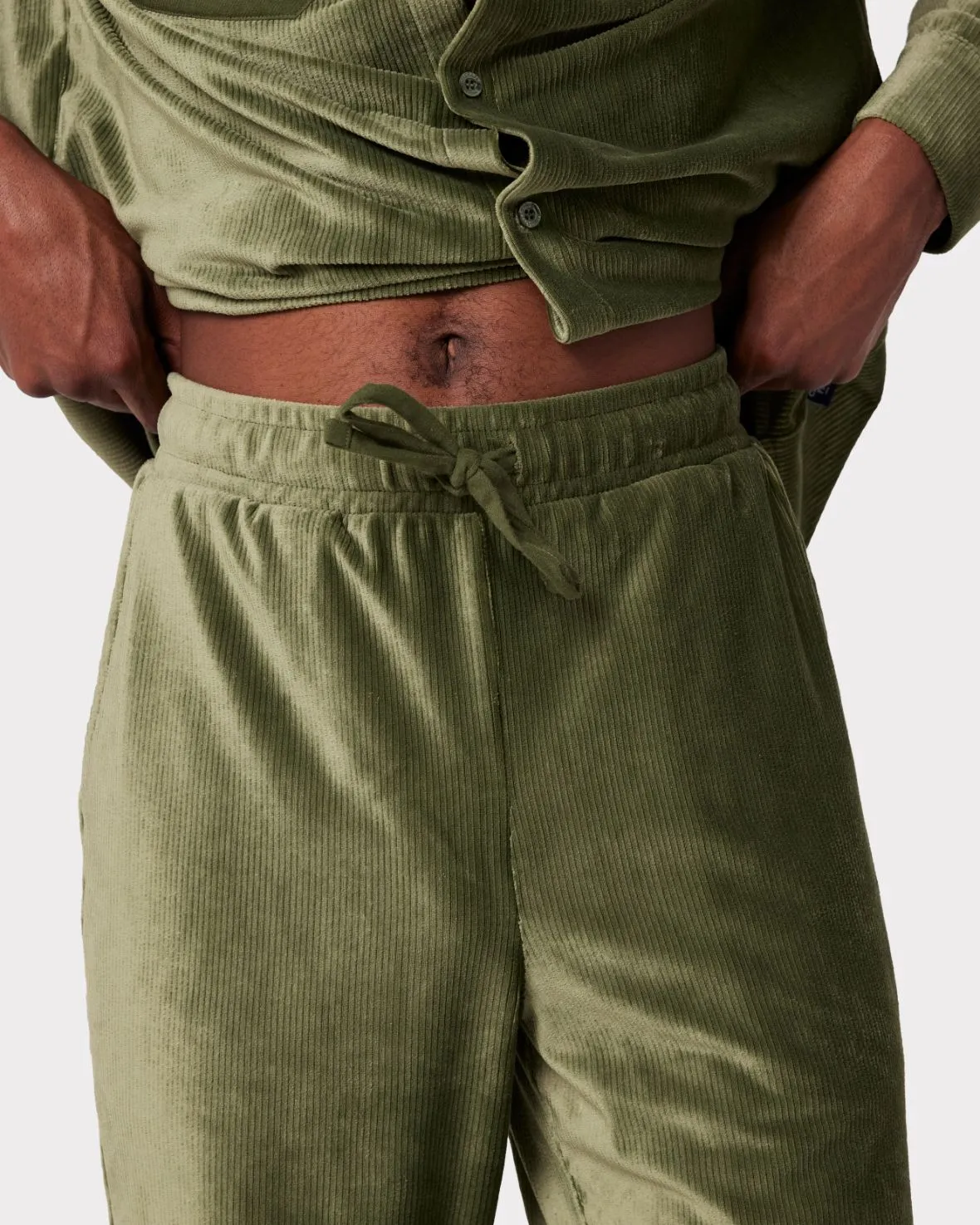 Men's Velour Corduroy Green Button-Up Co-ord Set