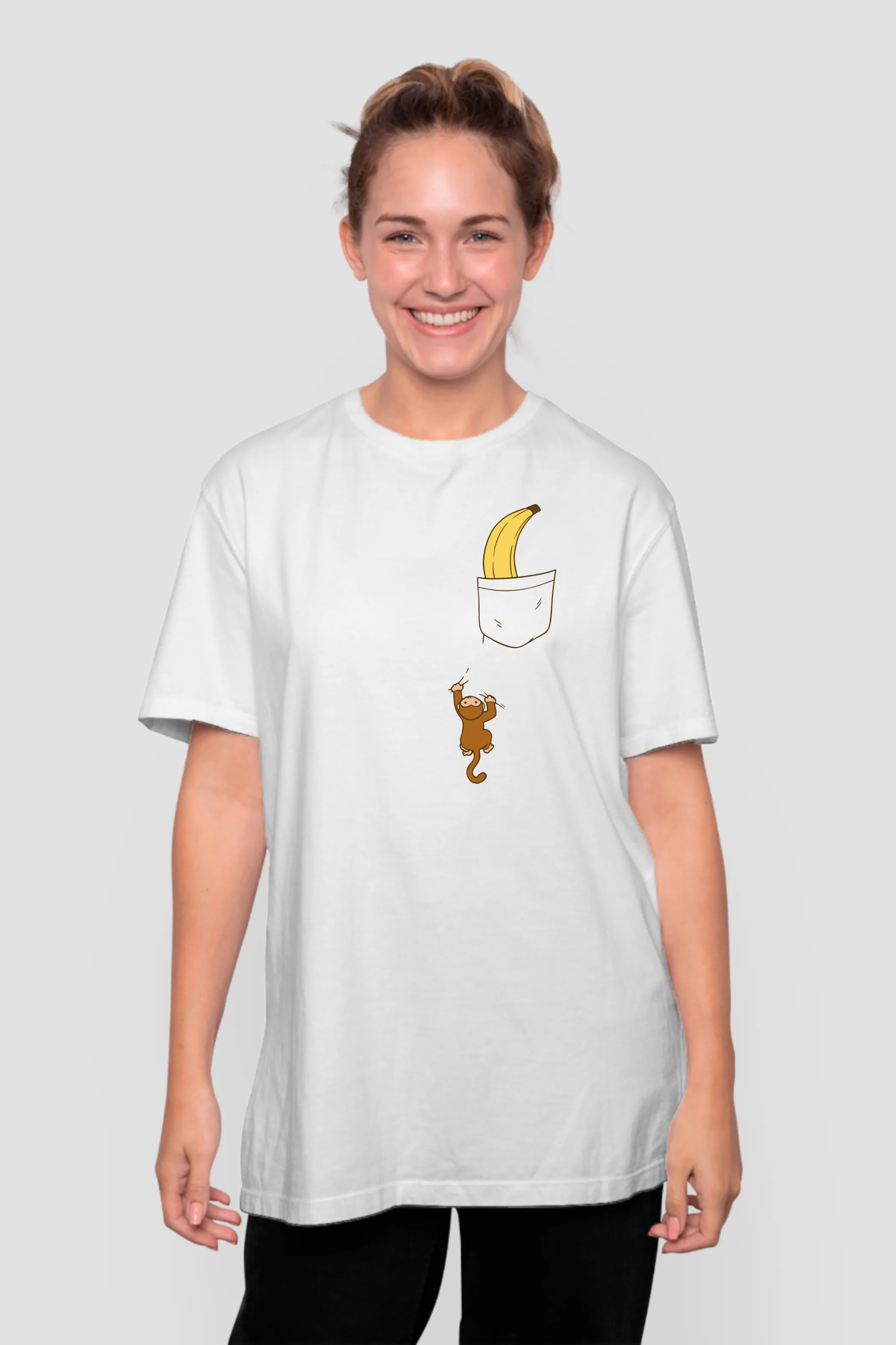 Monkey Climbing White Printed Oversized T-shirt for women