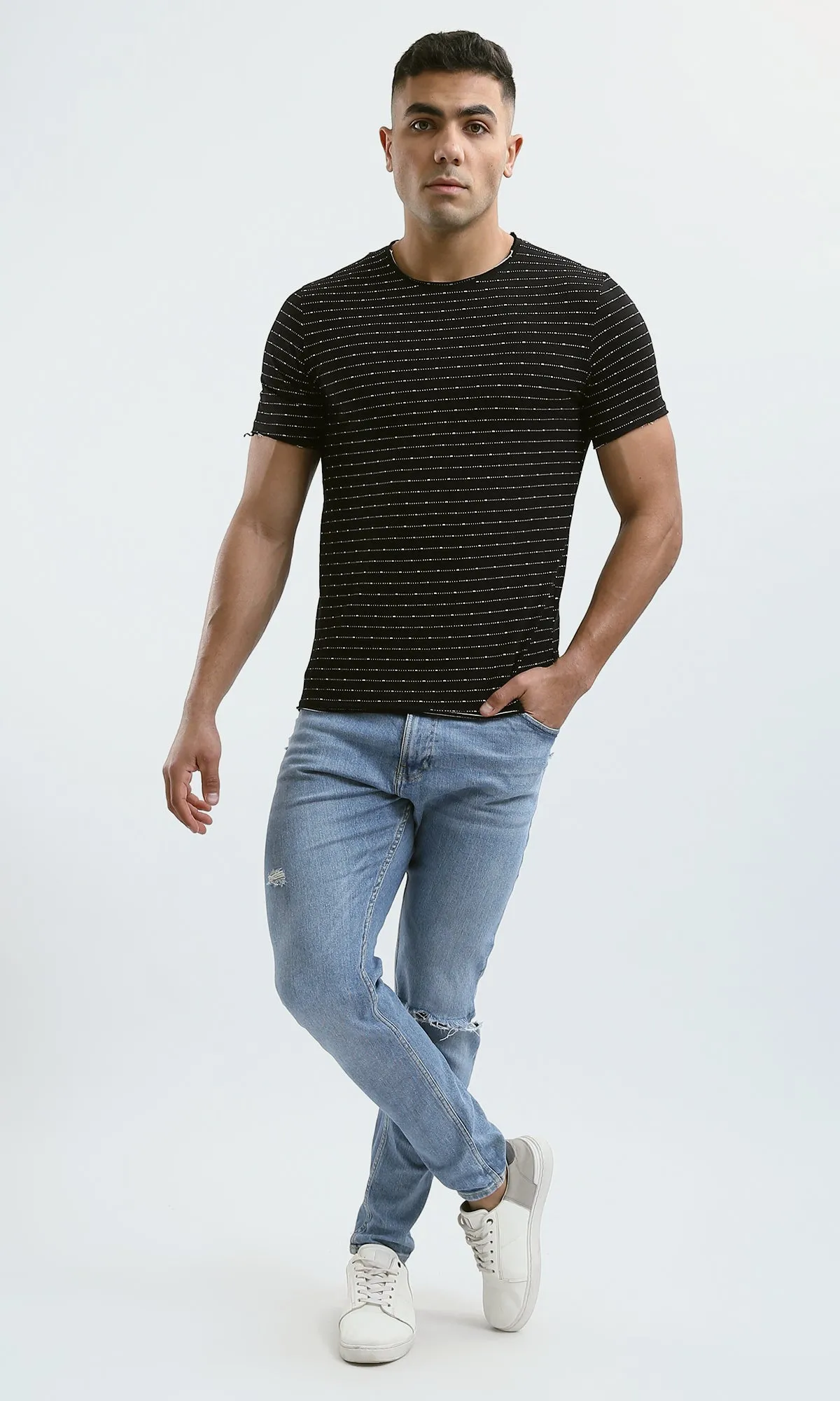 O190364 Patterned Black Short Sleeves Summer Tee