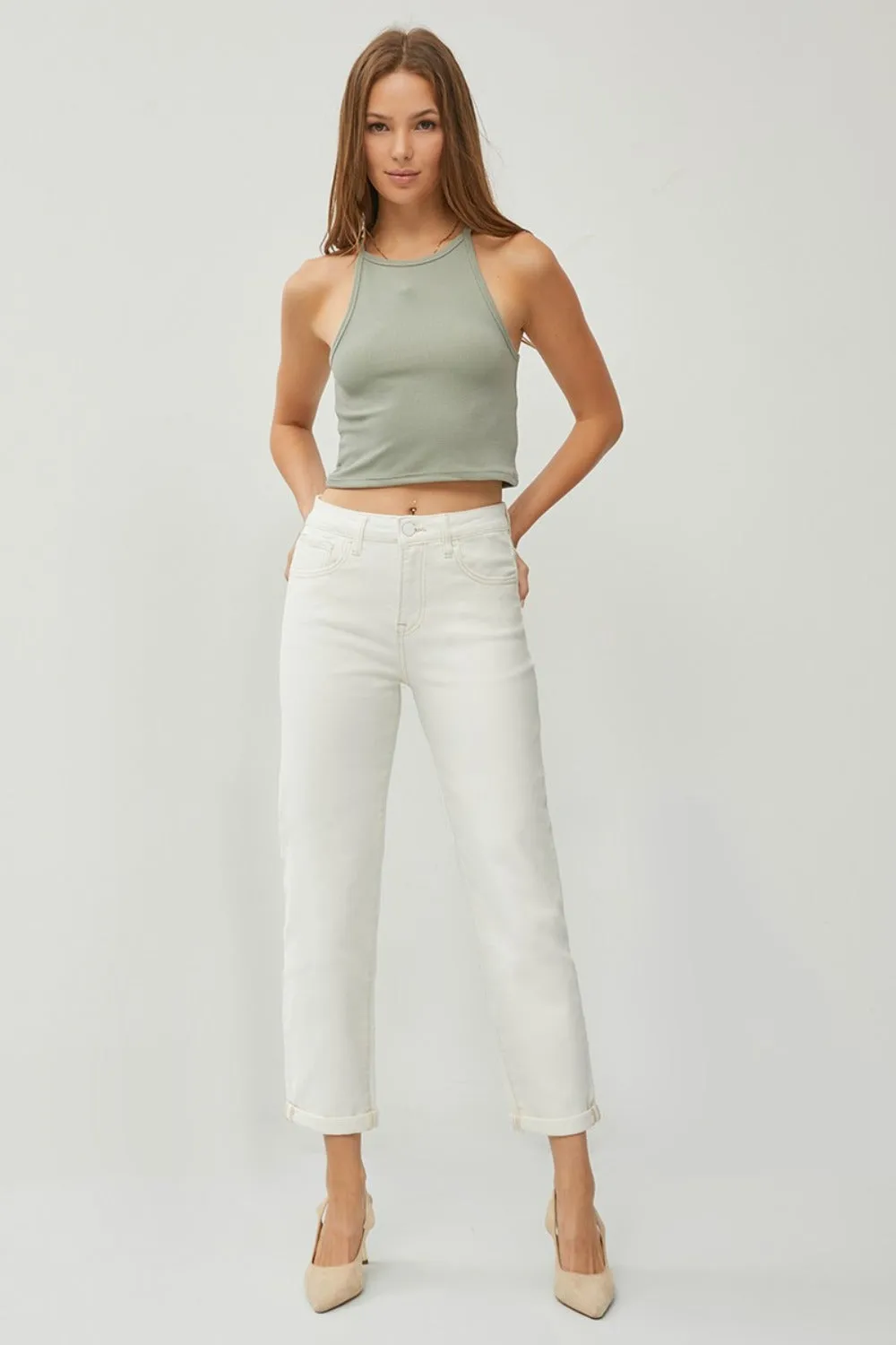 RISEN High Waist Rolled Hem Straight Jeans in Cream