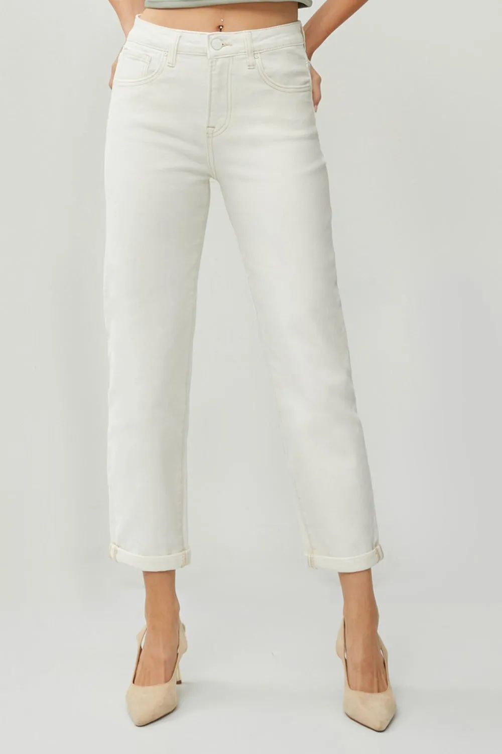 RISEN High Waist Rolled Hem Straight Jeans in Cream