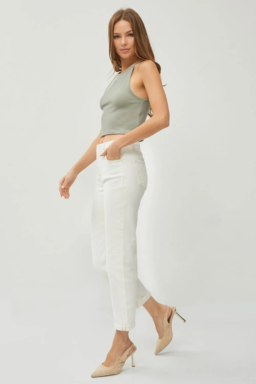 RISEN High Waist Rolled Hem Straight Jeans in Cream