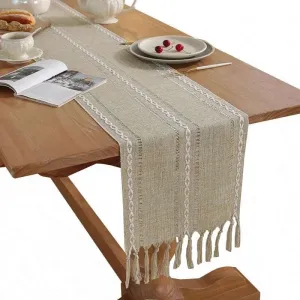 Rustic Table Runners with Handmade Tassel, Vintage Woven Cotton Linen