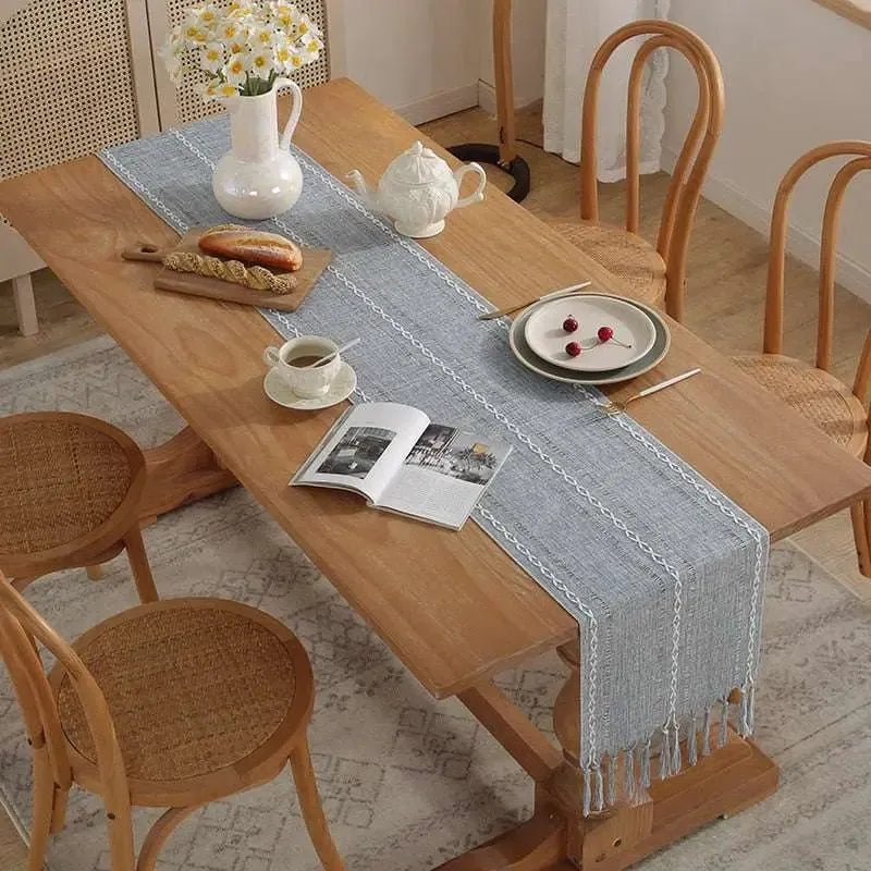 Rustic Table Runners with Handmade Tassel, Vintage Woven Cotton Linen