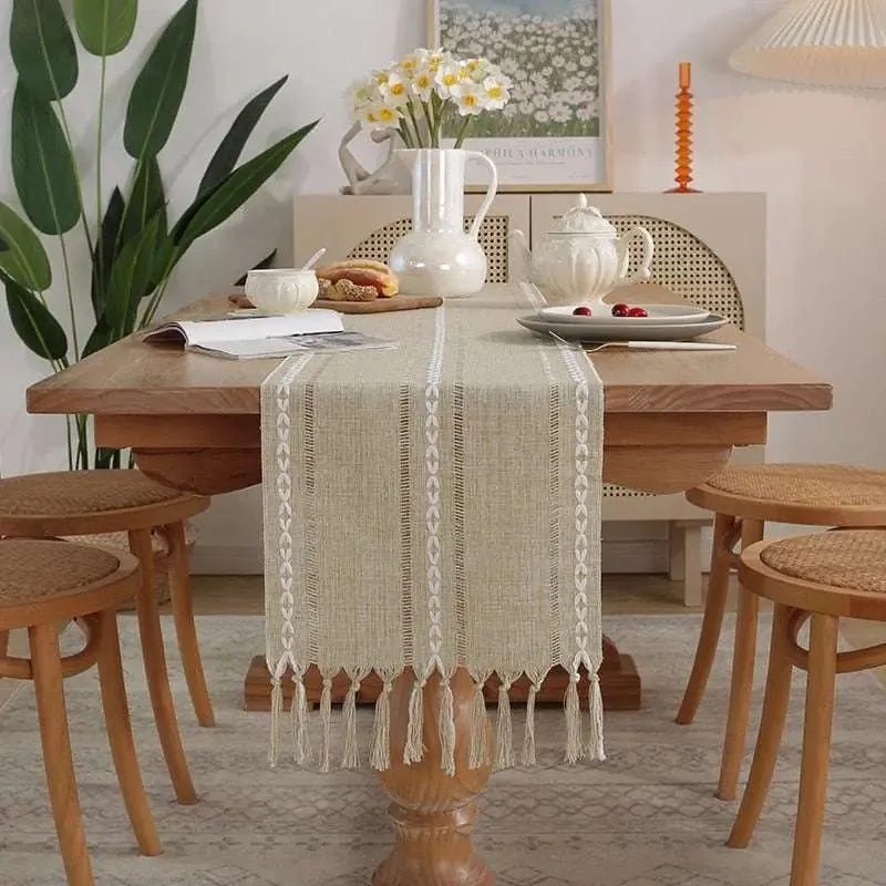 Rustic Table Runners with Handmade Tassel, Vintage Woven Cotton Linen