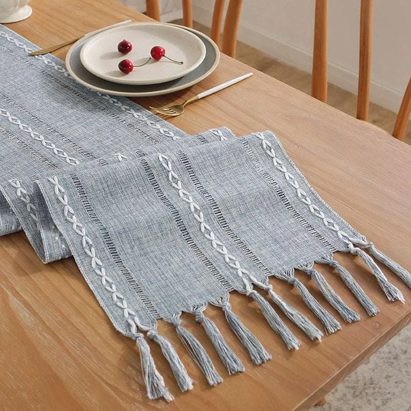 Rustic Table Runners with Handmade Tassel, Vintage Woven Cotton Linen