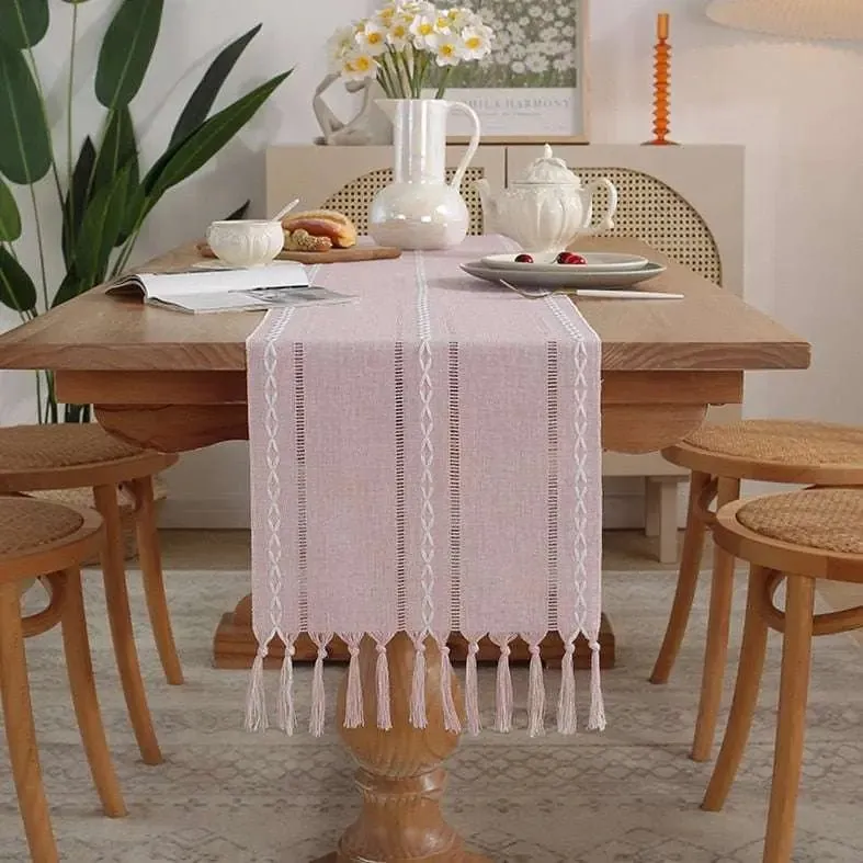 Rustic Table Runners with Handmade Tassel, Vintage Woven Cotton Linen