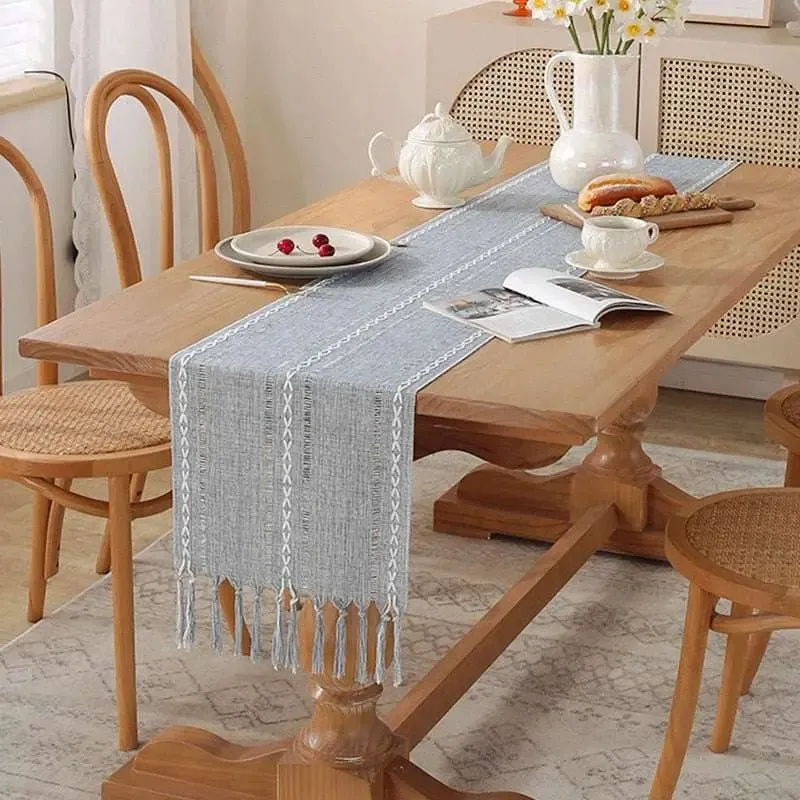 Rustic Table Runners with Handmade Tassel, Vintage Woven Cotton Linen