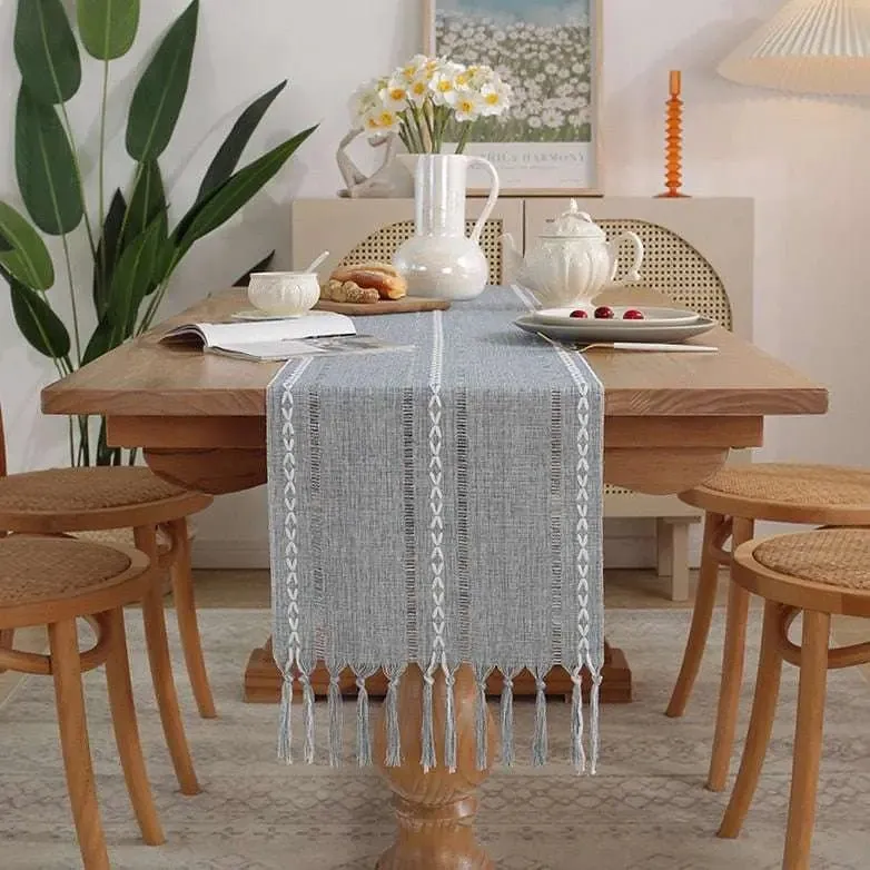 Rustic Table Runners with Handmade Tassel, Vintage Woven Cotton Linen